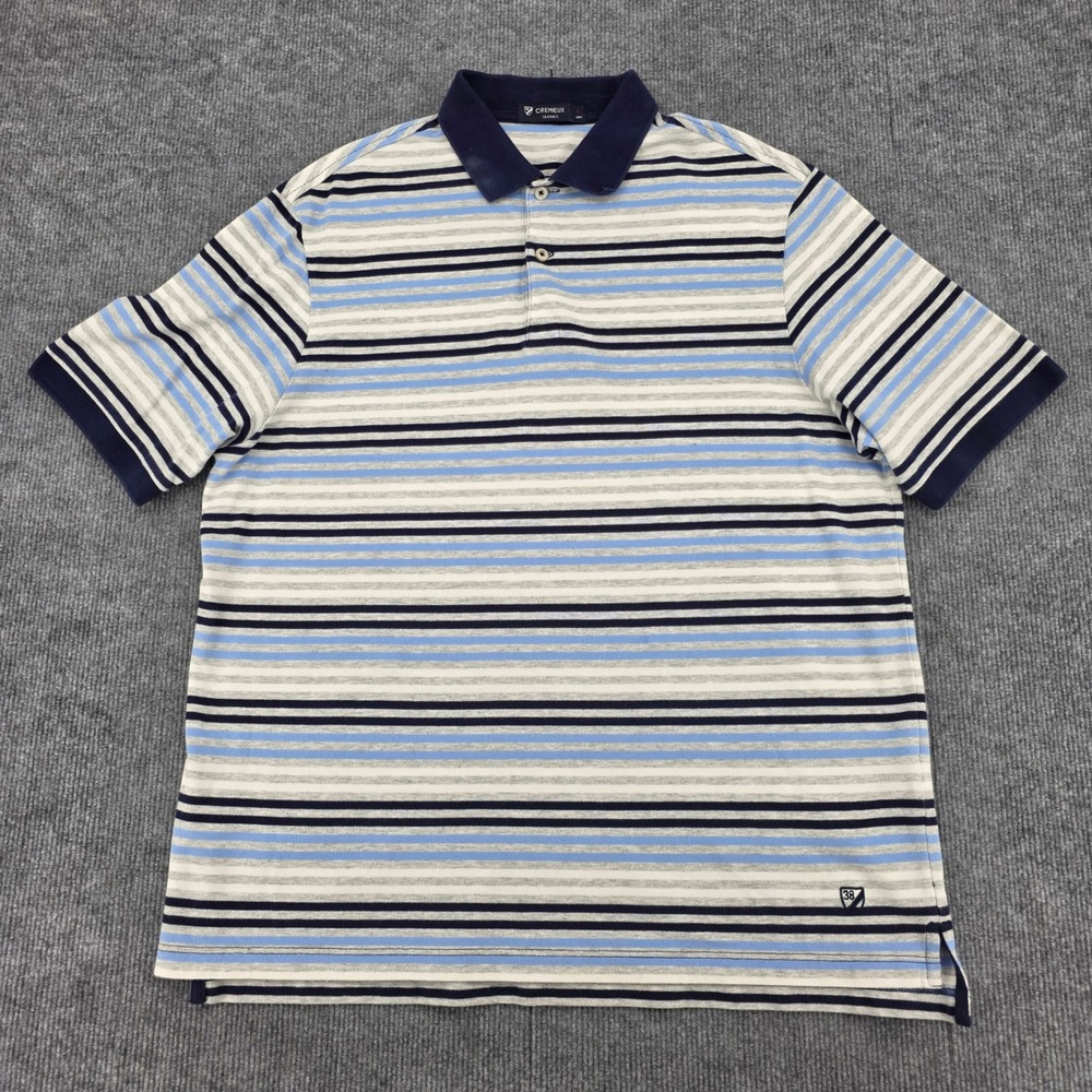 Cremieux Classics Mens Large Striped Polo Shirt Navy Blue Grey Cotton Stretch